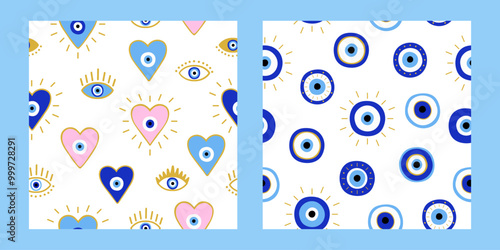 Set of seamless pattern of Evil eyes and hearts. Esoteric mystical background. Hand draw ornament. Modern talisman amulet design for a poster, sticker, home decor. Fabric textile print. Boho art illus
