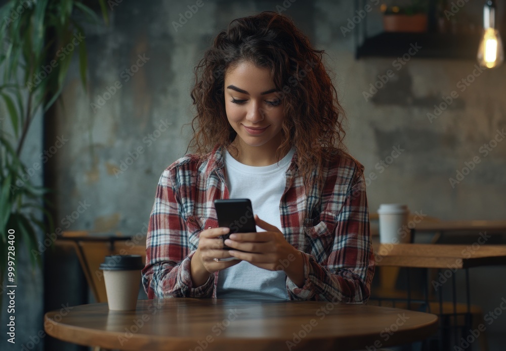 Woman Using Phone Cafe. Woman Using Phone Cafe.