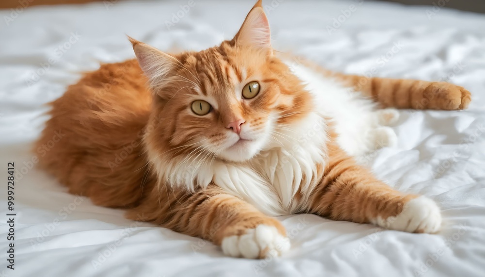 Relaxed orange cat lounging on a white bed with a calm expression Relaxed orange cat lounging on a white bed with a calm expression