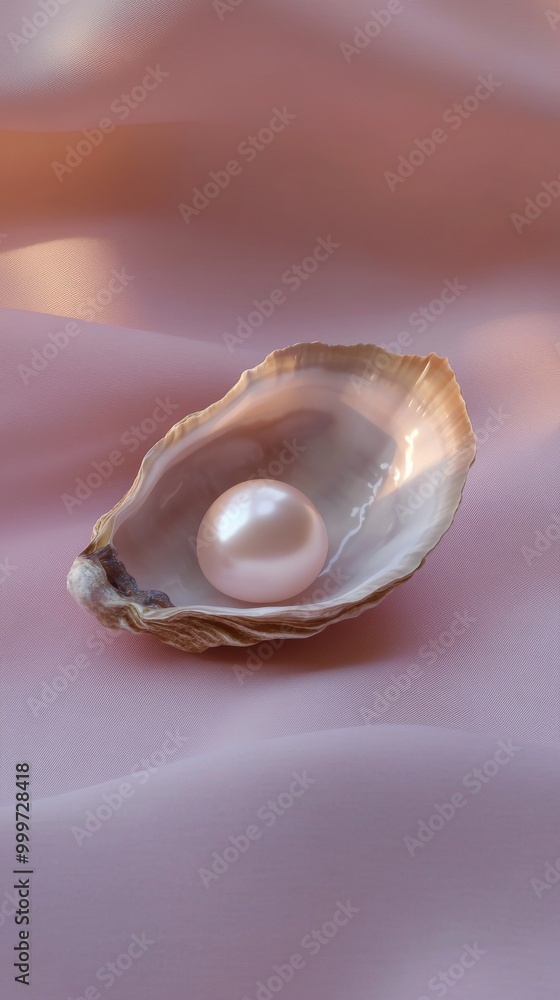 Open oyster shell with pearl on pink satin fabric, elegance and luxury concept Open oyster shell with pearl on pink satin fabric, elegance and luxury concept