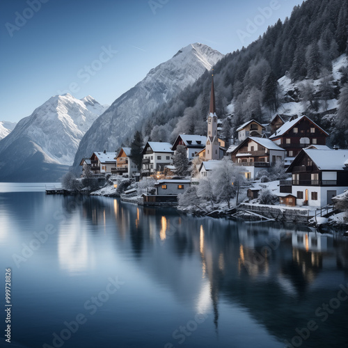 Beautiful magic Austrian-style winter town, snow-covered houses and nature, ideal place for a winter holiday photo