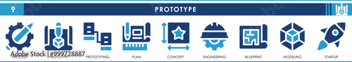 A set of solid icons related to Prototype. Process, startup, blueprint, concept, modeling, and so on. Vector flat icons set.