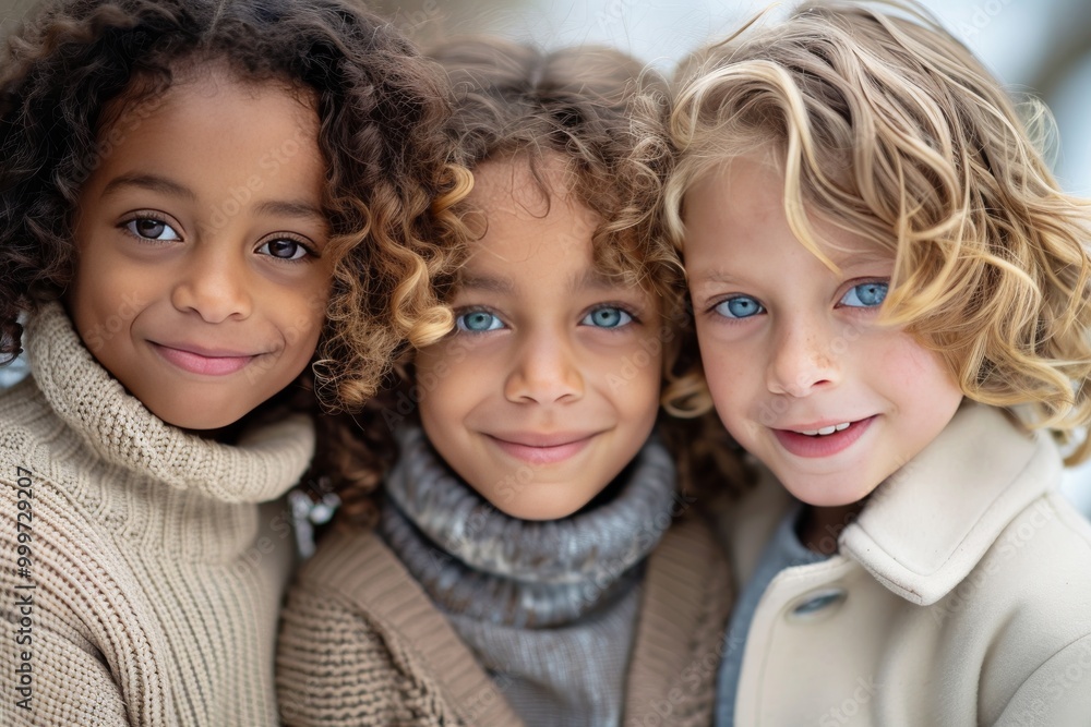 Closeup of three young children, two girls and one boy with dark skin color in the center Closeup of three young children, two girls and one boy with dark skin color in the center