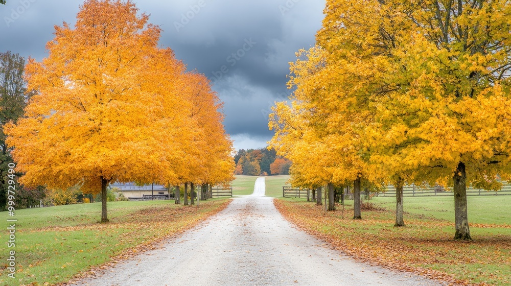 Naklejka premium A serene gravel path lined with vibrant orange trees under a cloudy sky.