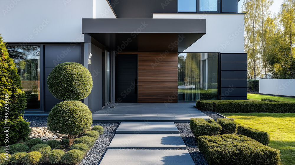 Obraz premium Nowoczesne drzwi wejściowe do domu wiejskiego, zaprojektowane z dbałością o szczegóły, wyróżniają się elegancką stylistyką, która harmonizuje z luksusowym ogrodem.