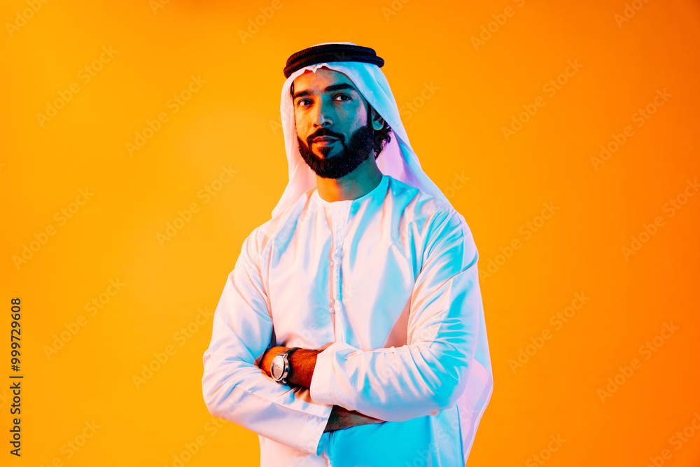 Arab businessman wearing emirati kandura portrait in studio in Dubai - Handsome middle eastern male adult posing on cut-out background - Muslim bearded man with traditional emirates clothing Arab businessman wearing emirati kandura portrait in studio in Dubai - Handsome middle eastern male adult posing on cut-out background - Muslim bearded man with traditional emirates clothing
