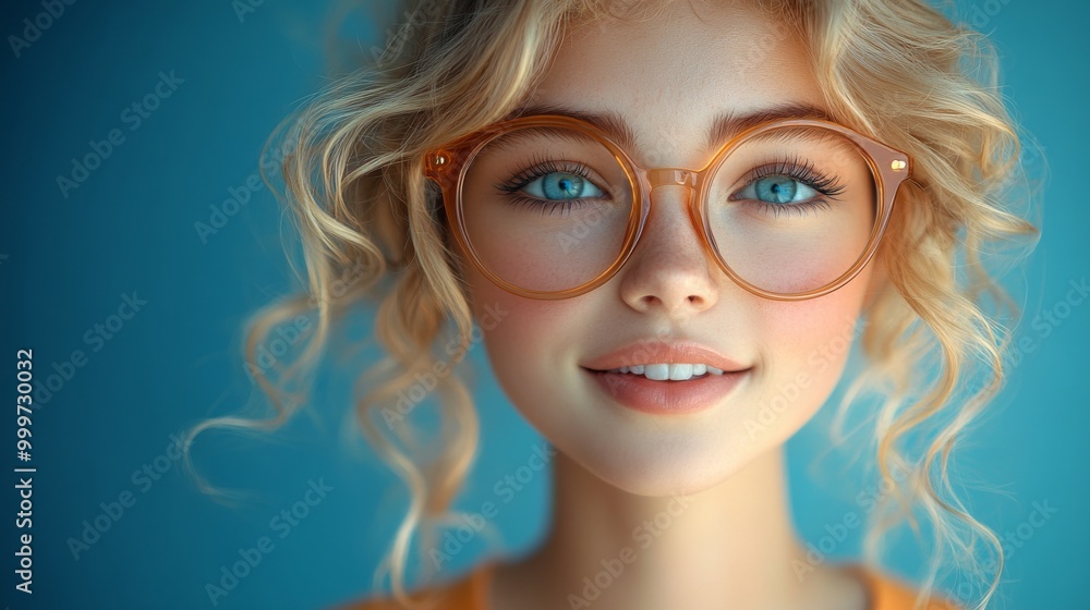 Close-up of a young woman with curly blonde hair and blue eyes wearing round glasses, smiling. Portrait on blue background, cheerful and bright concept Close-up of a young woman with curly blonde hair and blue eyes wearing round glasses, smiling. Portrait on blue background, cheerful and bright concept