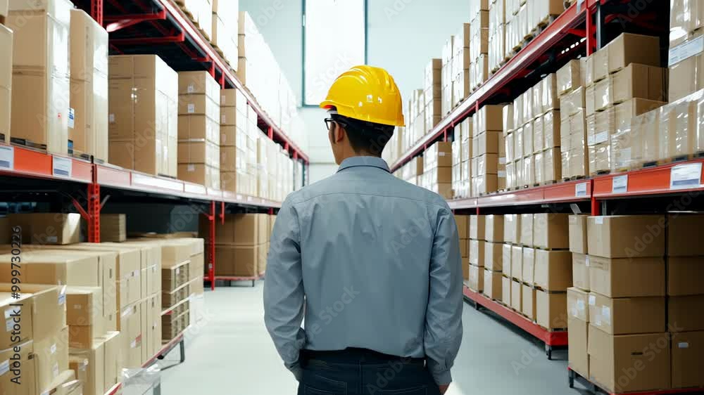 A warehouse worker in a yellow helmet and reflective vest walking between rows of shelves filled with boxes. A warehouse worker in a yellow helmet and reflective vest walking between rows of shelves filled with boxes.