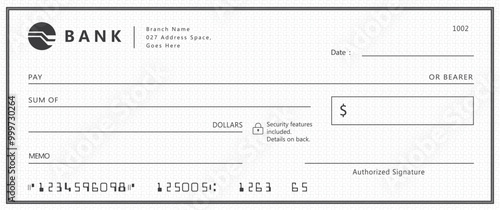 Blank bank cheque. Personal desk check template with empty field to fill.