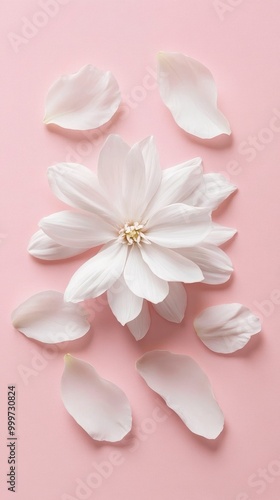 White flower with petals on pink background, minimalist design. Nature and beauty concept