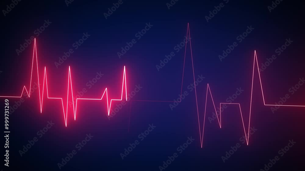  Globing Neon Heart Pulse Graphic Illustration Cardiogram heartbeat heat pulse glowing red color neon light loop animated black background.