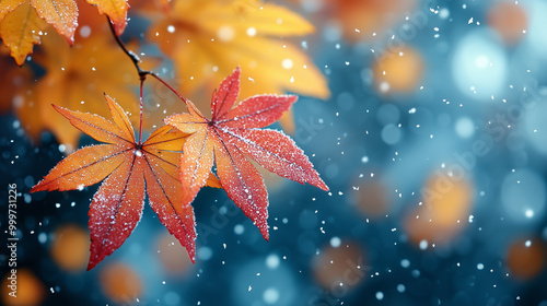 Snow Flakes with Yellow and red maple leaves