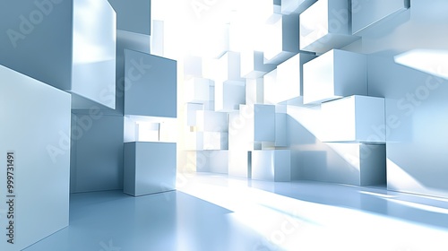 Abstract 3D space with white cubes and soft lighting, creating a serene atmosphere.