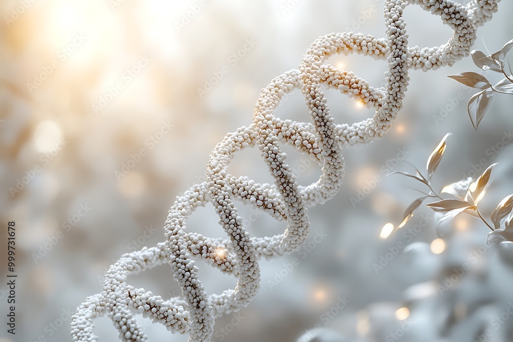White DNA double helix structure on a blurred background with leaves White DNA double helix structure on a blurred background with leaves