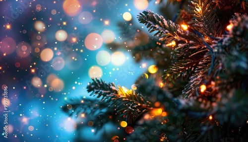 Wallpaper Mural Snowy Evergreen Branch with Lights and Bokeh Background Torontodigital.ca