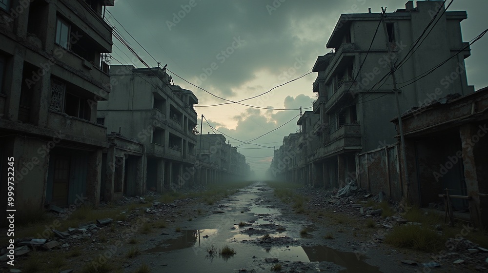 Desolate post-apocalyptic city street at sunset Desolate post-apocalyptic city street at sunset