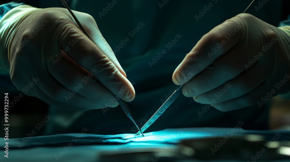 Closeup of a surgeon's gloved hands holding surgical instruments during surgery. Closeup of a surgeon's gloved hands holding surgical instruments during surgery.