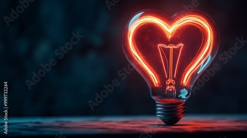 Heart shaped light bulb glowing with red filament on dark background, romantic and creative concept