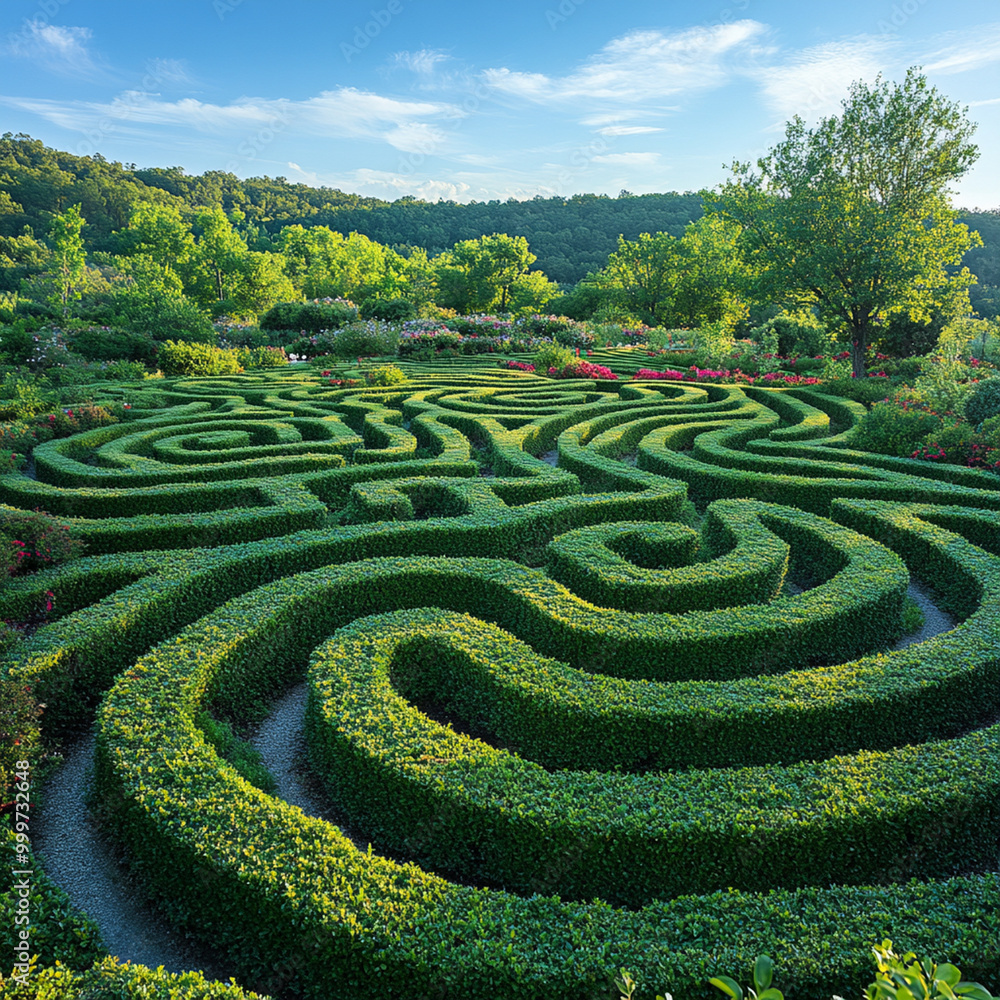 A beautiful photograph of an expansive geometrically shaped hedge maze surrounded by lush greenery and vibrant flowers, inviting exploration and tranquility A beautiful photograph of an expansive geometrically shaped hedge maze surrounded by lush greenery and vibrant flowers, inviting exploration and tranquility