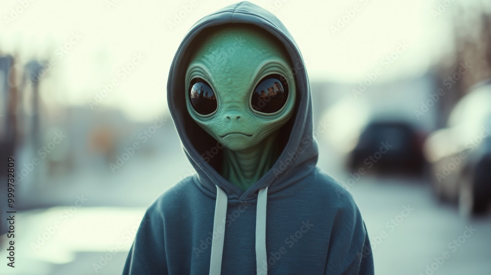 Alien in a hoodie on urban street, science fiction theme Alien in a hoodie on urban street, science fiction theme