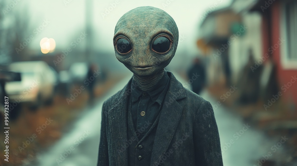 Alien figure in dark suit on foggy street, mysterious encounter concept Alien figure in dark suit on foggy street, mysterious encounter concept