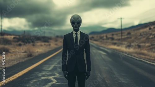 Alien in suit standing on deserted road under cloudy sky, mysterious atmosphere concept