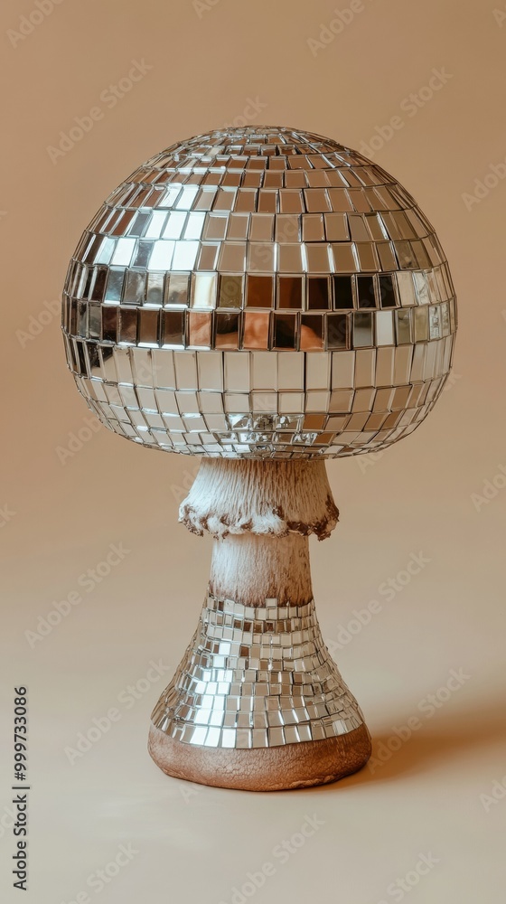Fototapeta premium Mirror tile mushroom on beige background, creative concept