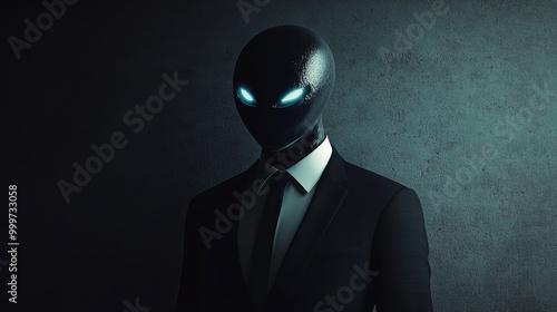 Alien figure in dark suit with glowing eyes, mysterious atmosphere. Science fiction and enigmatic concept photo