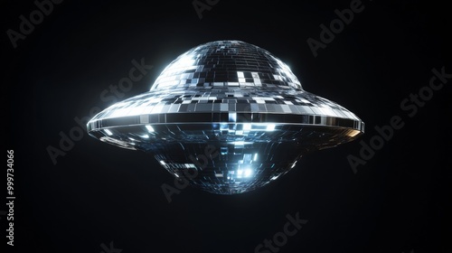 Fototapeta Naklejka Na Ścianę i Meble -  Futuristic UFO with mirror disco ball surface, floating in dark space. Sci-fi and extraterrestrial concept