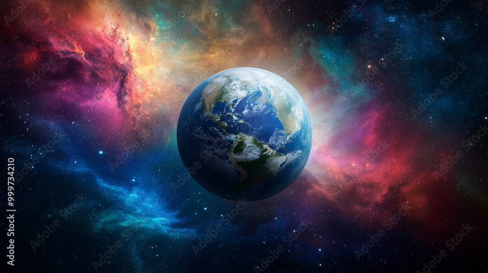 planet earth from space with colorful nebulae in the background planet earth from space with colorful nebulae in the background