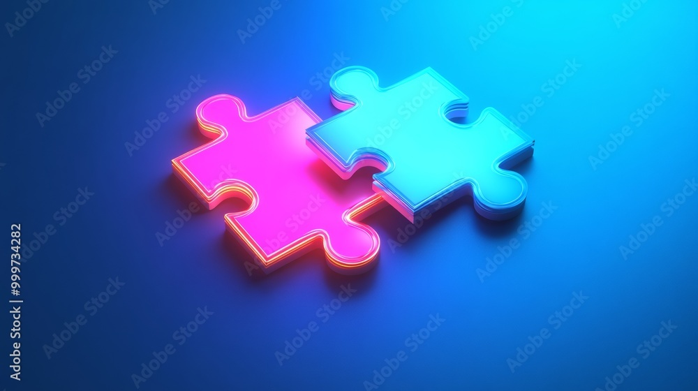 Two neon puzzle pieces on blue gradient surface Two neon puzzle pieces on blue gradient surface
