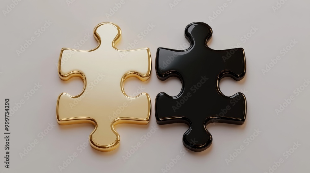 Fototapeta premium gold and black puzzle pieces on white background, contrast concept