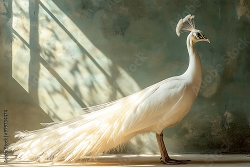 A majestic white peacock standing gracefully in a sunlit studio