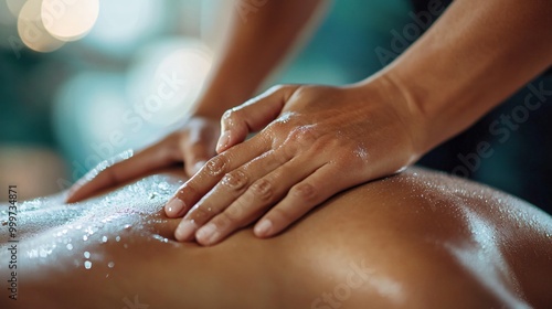 Closeup of a therapist's hands massaging a client's back with oil.