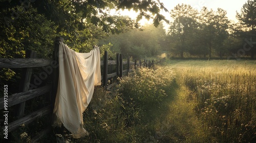 Linen cloth hanging on a rustic fence.