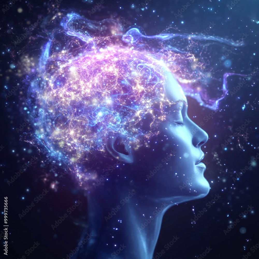 A person with serene expression has vibrant, cosmic light emanating from their head, symbolizing thoughts and creativity. This ethereal image captures essence of imagination and inspiration A person with serene expression has vibrant, cosmic light emanating from their head, symbolizing thoughts and creativity. This ethereal image captures essence of imagination and inspiration