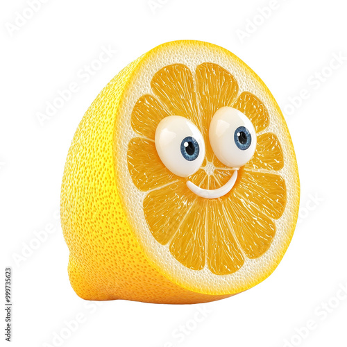 A cheerful lemon slice character with big eyes and a smile, perfect for playful food designs and illustrations, isolated on transparent background. photo