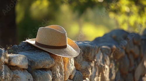 Straw hat resting on a stone wall