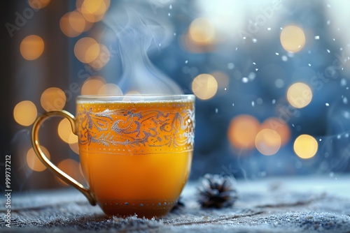 A warm cup of tea sits on a textured table, surrounded by a winter atmosphere with softly falling snow and glowing bokeh lights, evoking a cozy and inviting feeling