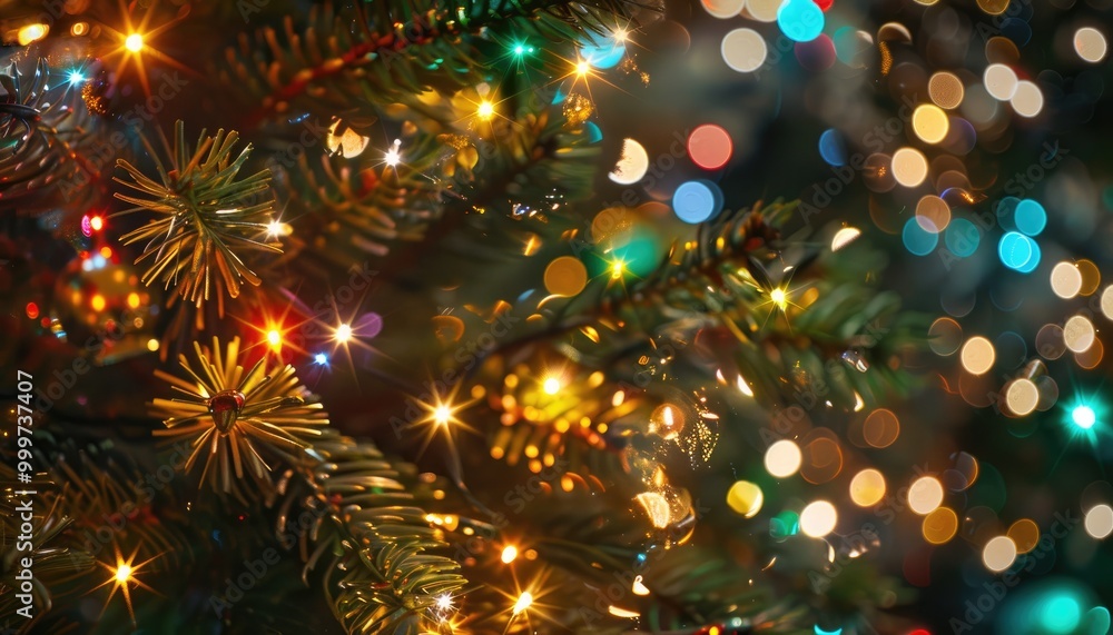 Close-up of a Christmas tree with colorful lights and ornaments Close-up of a Christmas tree with colorful lights and ornaments