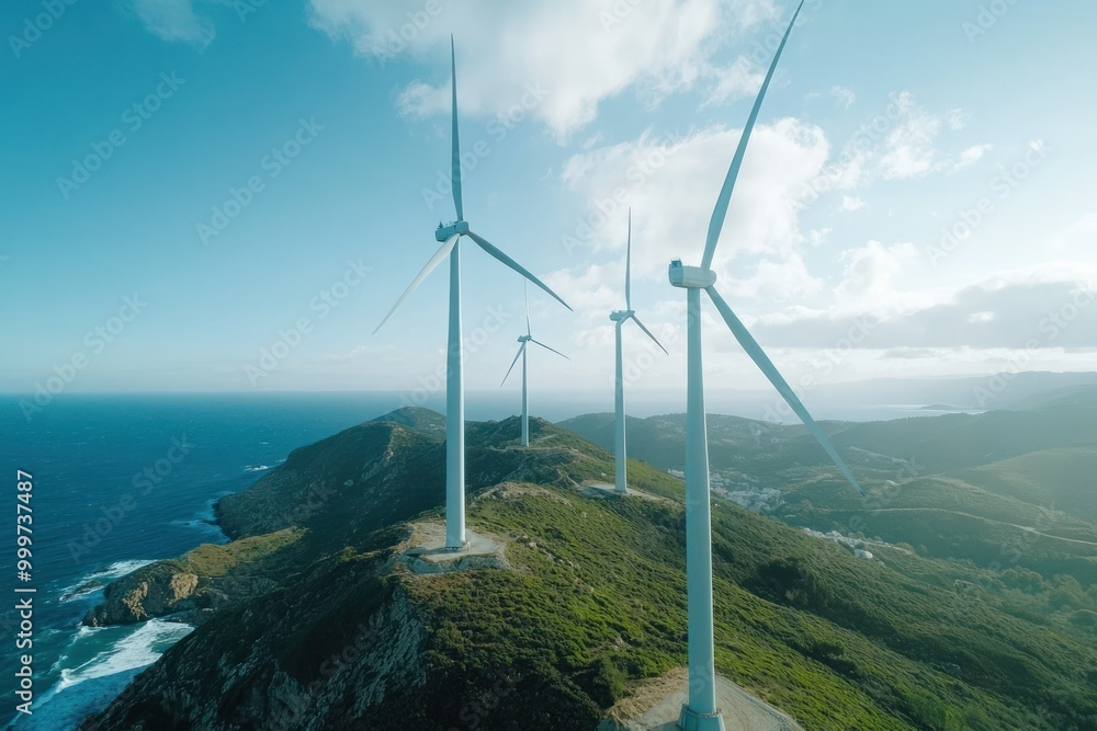 Scenic Wind Turbines Overlooking Coastal Landscape Scenic Wind Turbines Overlooking Coastal Landscape