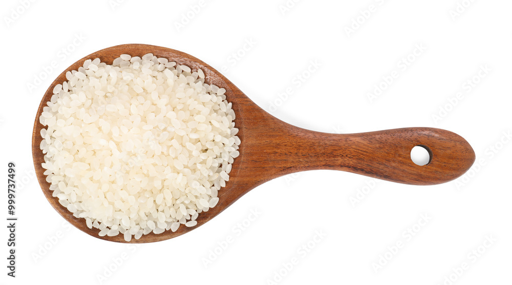 Raw rice in wooden spoon isolated on white, top view Raw rice in wooden spoon isolated on white, top view