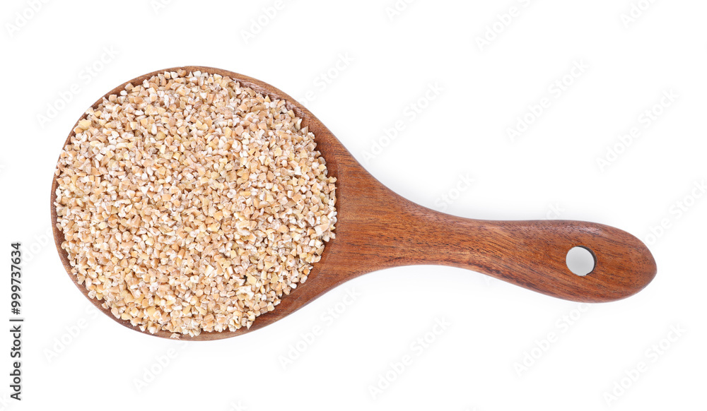 Dry wheat groats in wooden spoon isolated on white, top view Dry wheat groats in wooden spoon isolated on white, top view
