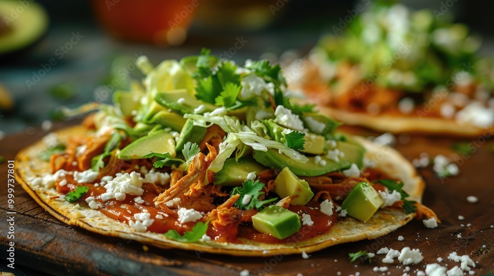 Spicy chicken tostadas with shredded lettuce, queso fresco, and avocado. Spicy chicken tostadas with shredded lettuce, queso fresco, and avocado.