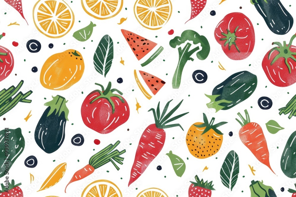 A variety of colorful fruits and vegetables arranged on a white background A variety of colorful fruits and vegetables arranged on a white background