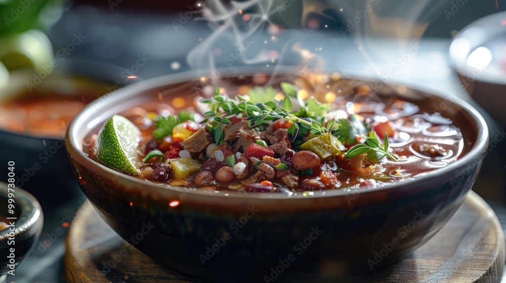 Steaming bowl of menudo garnished with oregano and lime. Steaming bowl of menudo garnished with oregano and lime.