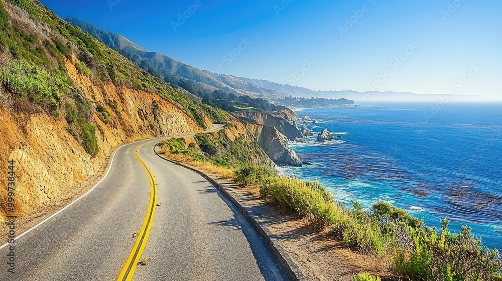 Scenic coastal road winding along cliffs with ocean views and mountains in the background. Scenic coastal road winding along cliffs with ocean views and mountains in the background.
