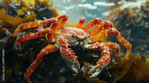 Succulent king crab legs on a bed of seaweed.