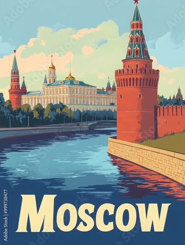 This captivating travel poster showcases Moscows iconic Kremlin along the riverside, inviting visitors to experience the citys rich history and stunning architecture. photo