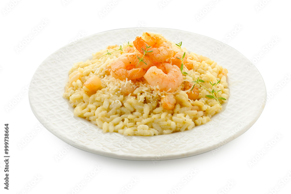 Delicious risotto with shrimps and cheese isolated on white Delicious risotto with shrimps and cheese isolated on white
